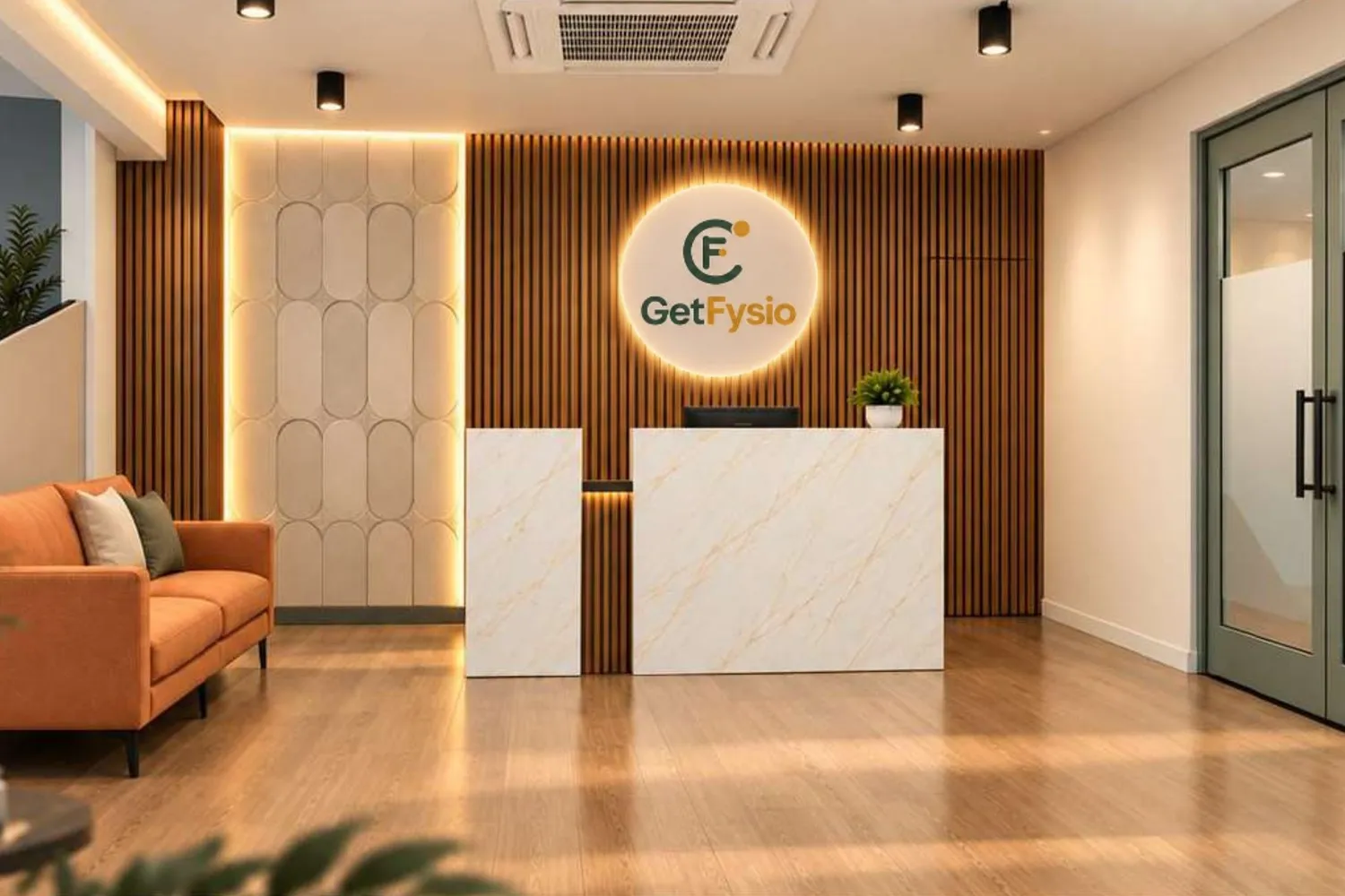 GetFysio reception desk with the illuminated logo
