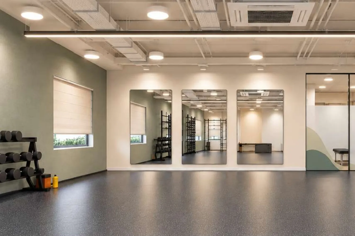 Open rehab and exercise area with mirrors and dumbbells